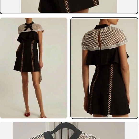 Self Portrait Black Crepe Lace Bow Cap Sleeve A Line Mini Dress - Picture 3 of 14